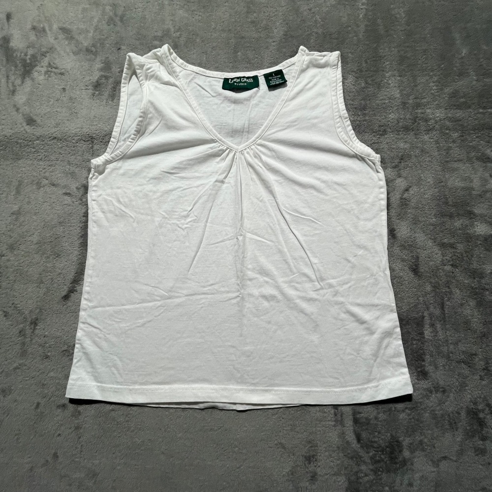 Lemon Grass Studio Tank Top Women Large White Cotton V-Neck Pleated Sleeveless
